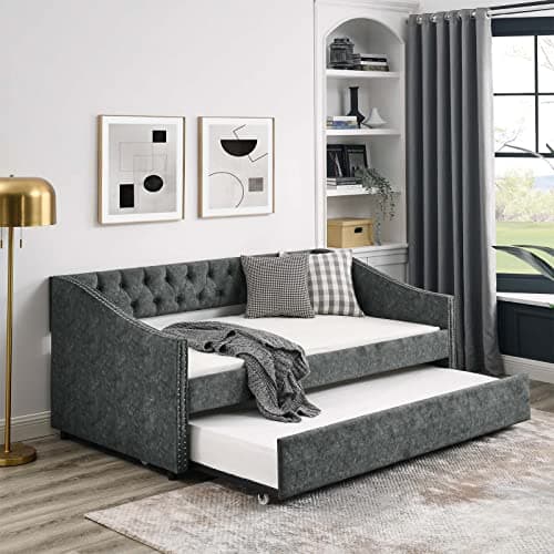 Antetek Beige Full Size Linen Daybed with Trundle, Button-Tufted Sofa Frame