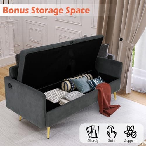 60 Velvet Loveseat Sofa with Storage and USB Charging Ports for Bedroom, Living Room, Office, Dorm - Dark Grey