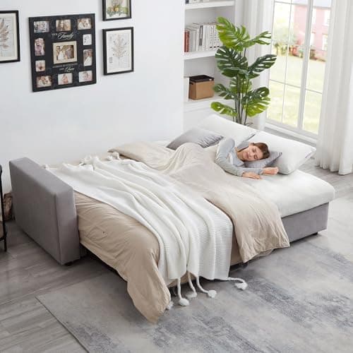 Convertible Sleeper Sofa Bed,82.6"W Velvet Tufted L Shaped Sectional Couch with Adjustable Back & Reversible Storage Chaise,Modern Futon Pull Out Couch Bed for Living Room,Apartment,Small Place(Grey)