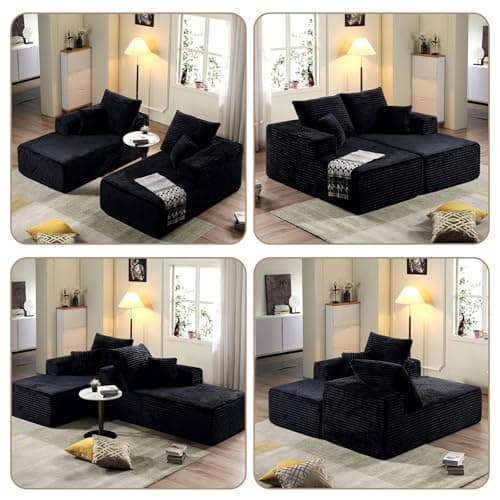 Oversized Black Chaise Lounge Chair, Recliner with Pillows, Fluffy Loveseat Sofa