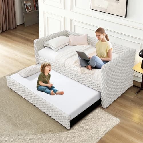 Plaid Corduroy Twin Daybed with Trundle, Grey Tufted Modern Sofa Couch