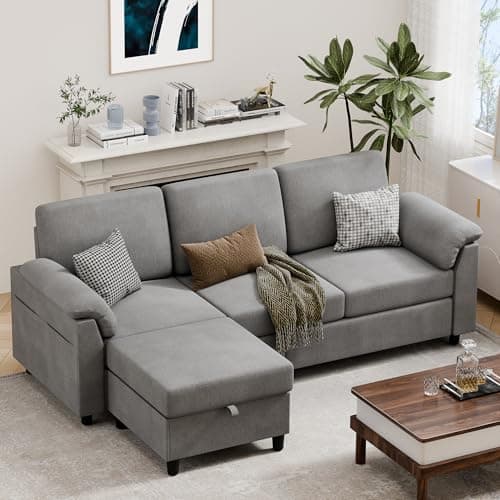 Vongrasig 79" L-Shaped Couch with Storage Ottoman, Light Grey Linen Fabric