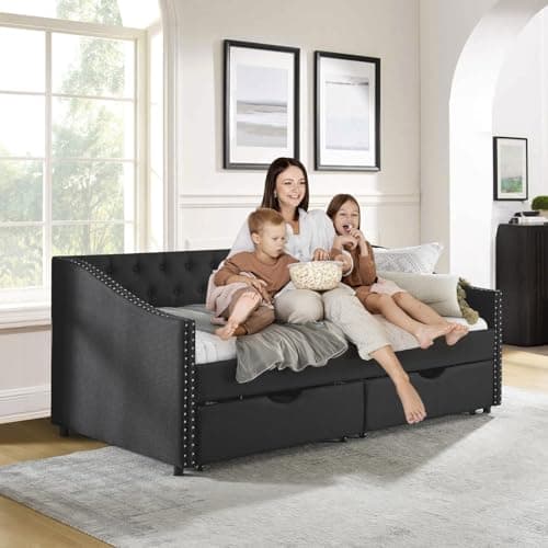 JEEOHEY Twin Daybed with Storage - Modern Upholstered Daybed Sofa with Nailhead Trim and 2 Drawers (Black)
