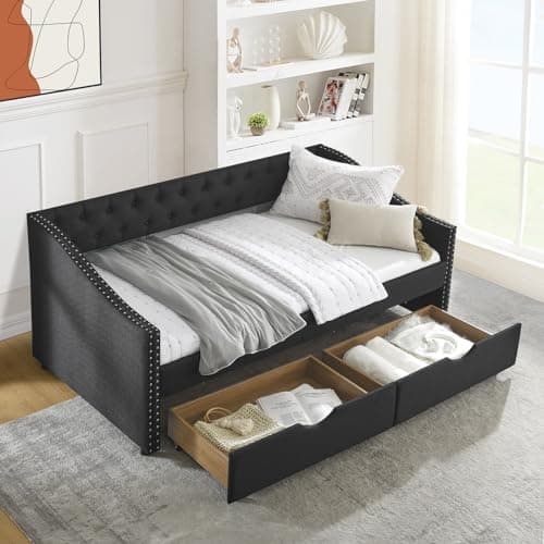 JEEOHEY Twin Daybed with Storage - Modern Upholstered Daybed Sofa with Nailhead Trim and 2 Drawers (Black)
