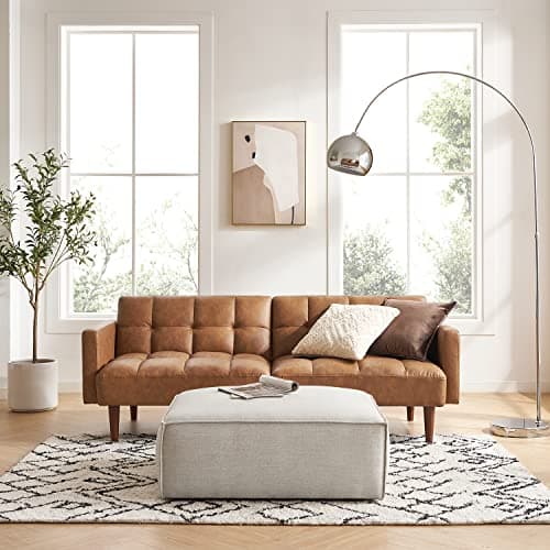 Mid Century Modern Futon Couch for Living Room and Bedroom - Pecan Brown, Faux Leather