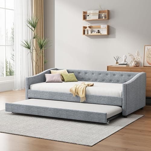 Ergonomic Twin Upholstered Daybed with Drawers & Waved Arms, Dark Grey