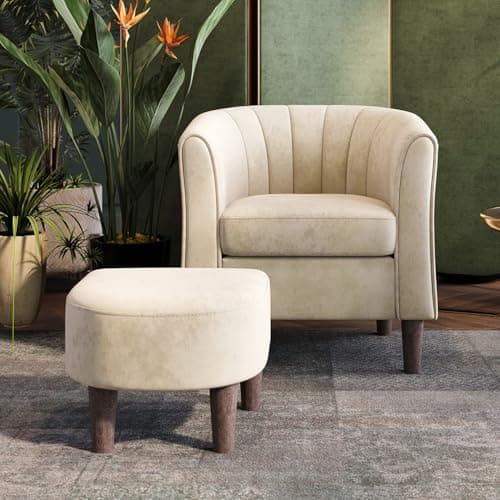 LINSY Velvet Accent Chair with Ottoman, Modern Barrel Reading Chair, Yellow