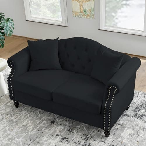 57 Button Tufted Velvet Loveseat Sofa in Black for Living Room, Bedroom, Office, Apartment