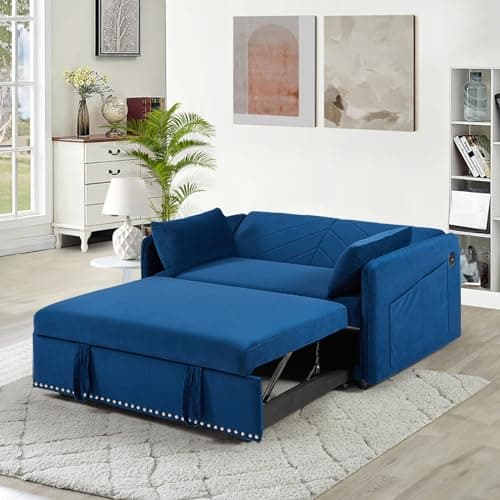 Convertible Sleeper Sofa Couch with Pull Out Bed, Modern Velvet Sofa Bed with Adjustable Backrest & USB Ports