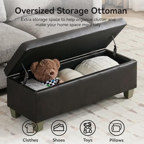 Black Brown Faux Leather Storage Ottoman with Wooden Legs