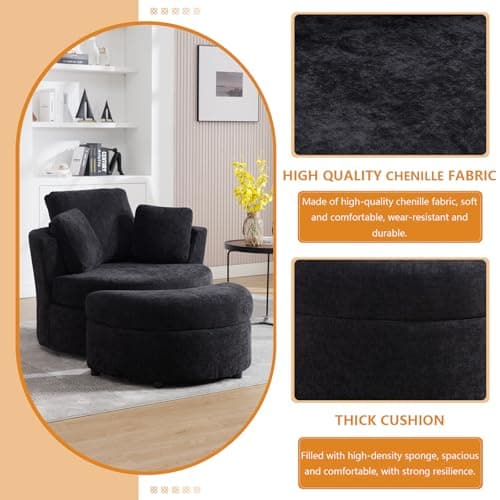 Oversized Black Swivel Accent Chair with Half Moon Ottoman for Nursery, Living Room, and Bedroom