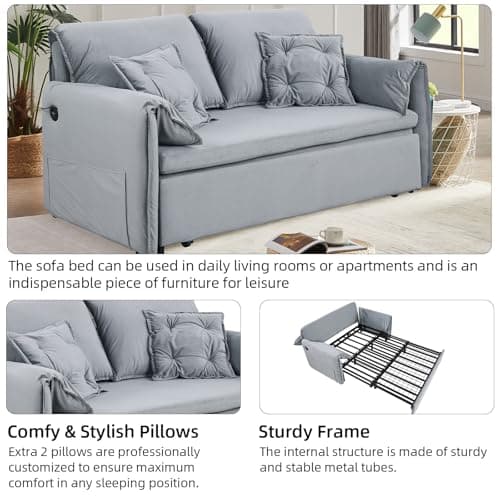 3-in-1 Queen Size Futon Sofa Bed with USB, Side Storage, Grey