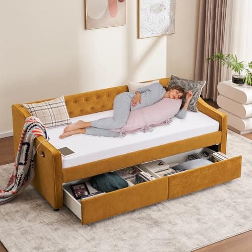 Twin Size Velvet Daybed with Storage & USB Charging,Button Tufted Yellow Webcam-Free Sofa Bed