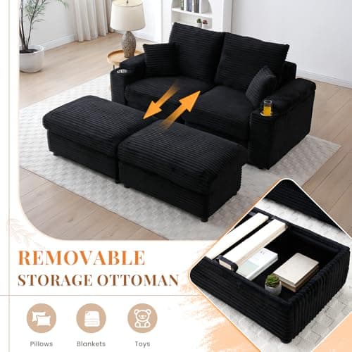 Oversized Black Chaise Lounge Chair with Storage Ottomans and Cup Holders - Modern L-Shaped Sofa for Living Room and Bedroom