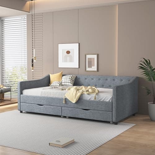 Twin Size Daybed with Storage - Upholstered Frame with Drawers & Button Tufted Backrest