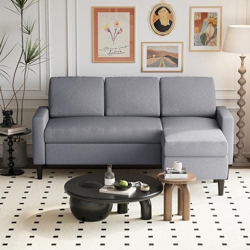 Shintenchi Brown 3 Seat L-Shaped Convertible Sofa with Ottoman, Linen Fabric