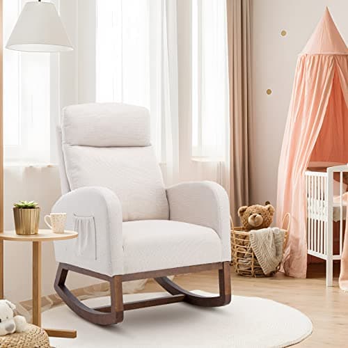 Modern Nursery Rocking Chair with Solid Wood Legs and Side Pockets