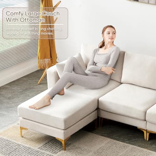 JEEOHEY Gold Metal Legs 3 Seat Oversized L-Shaped Sectional Sofa, Beige