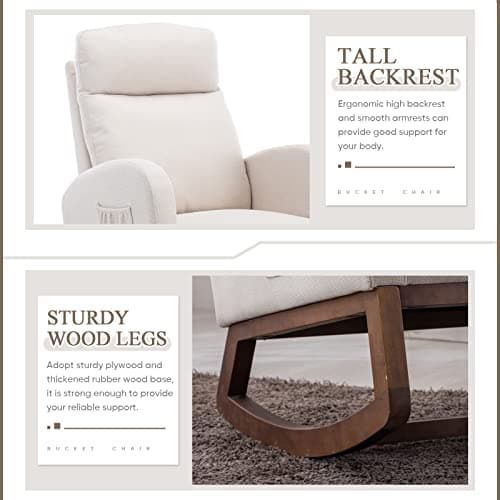 Modern Nursery Rocking Chair with Solid Wood Legs and Side Pockets