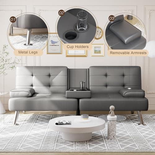 Shahoo Gray Faux Leather Convertible Futon Sofa Bed Couch