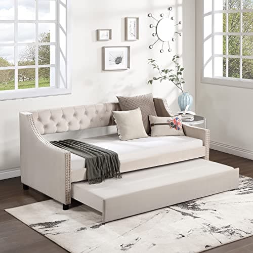 JEEOHEY Modern Button Tufted Velvet Beige Upholstered Daybed with Trundle