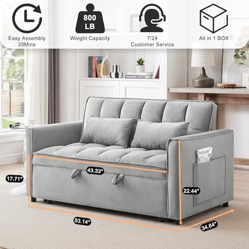 3 in 1 Convertible Sofa Bed, Grey with Side Pocket & Adjustable Backrest