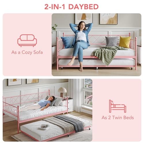 IDEALHOUSE Metal Twin Daybed with Trundle & Stylish Pink Headboard
