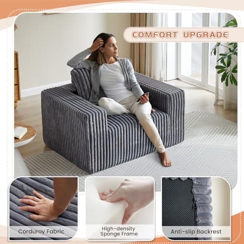 Oversized 48.5 Indoor Chaise Lounge Chair with Ottoman - Modern Plush Corduroy Sofa for Living Room (Grey)