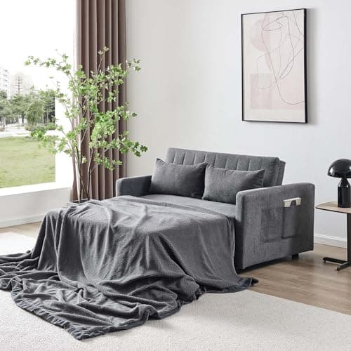 Light Grey Convertible Futon Sofa Bed with Side Pocket