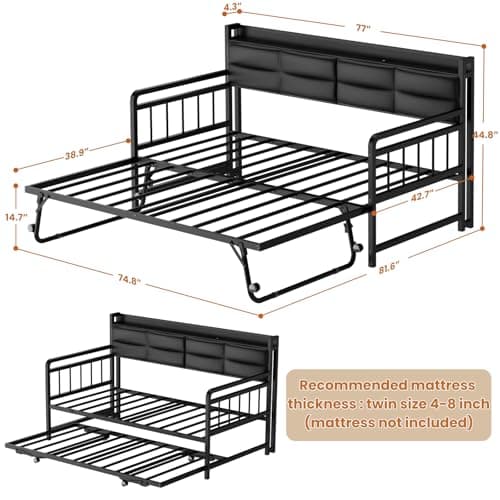 Homieasy Black Twin Daybed with Trundle & Charging Station