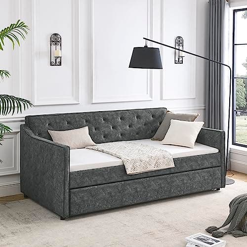 JEEOHEY Modern Tufted Velvet Daybed with Trundle, Twin Size, Grey