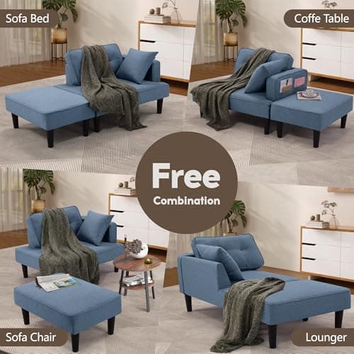 SEJOV Convertible Recliner Sofa Bed, Small Living Room Sectional with Chaise & 2 Pillows, Linen Blue