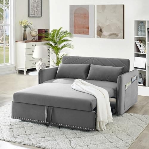 Convertible Sleeper Sofa Couch with Pull Out Bed, Modern Velvet Sofa Bed with Adjustable Backrest & USB Ports