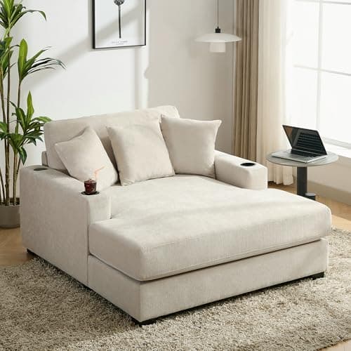 Oversized Cream Chenille Reclining Chaise Longue with Pillows & Charging Station