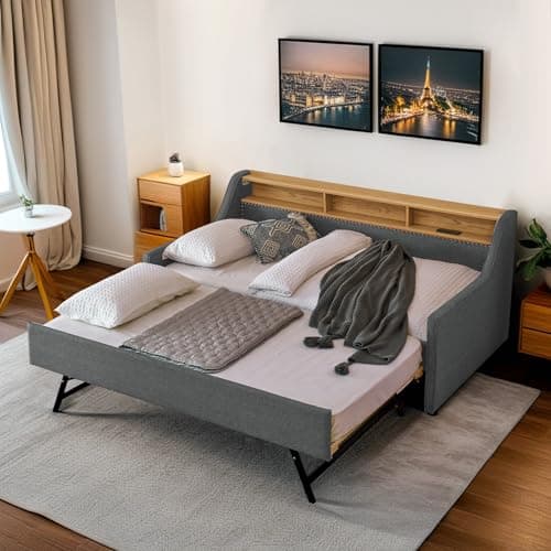 Upholstered Twin Daybed with Pop Up Trundle & Wireless Charger, Beige