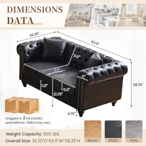 Mid-Century Modern Black 2-Seater Chesterfield Sofa with Nailhead Trim