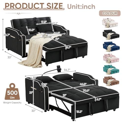 Modern Black Velvet 3-in-1 Sleeper Sofa Bed with USB Ports & Adjustable Backrest