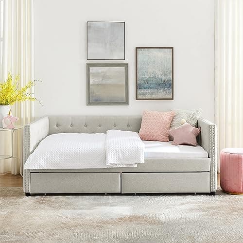 Modern Twin Daybed with Storage and 2 Drawers for Apartment Bedroom, Beige