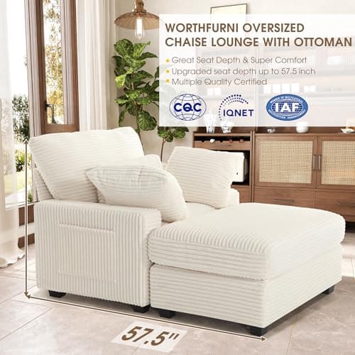 Oversized Indoor Chaise Lounge Chair with Ottoman - 57.5 Corduroy Sofa for Bedroom, Living Room, Office (Beige)