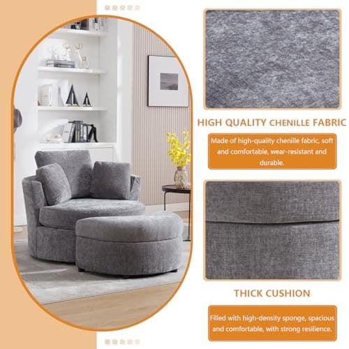 JEEOHEY Grey Oversized Swivel Chair with Storage Ottoman, 42" Chenille Round Armchair