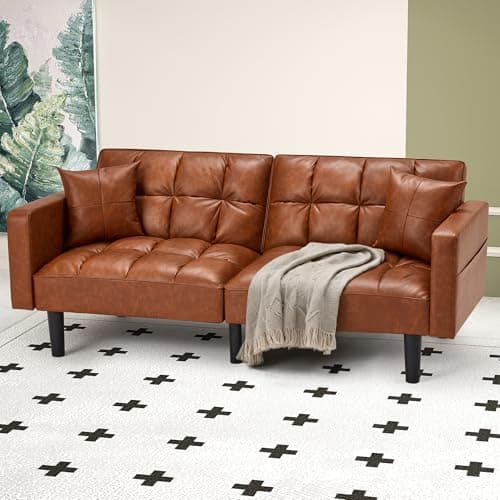 ECOTOUGE Convertible Futon Couch, Brown with Adjustable Backrest