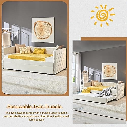 Modern Velvet Twin Daybed with Trundle, Button-Tufted Sofa Frame, Furniture for Bedroom, Living Room, Guestroom