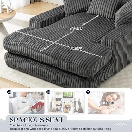 Oversized Grey Chaise Lounge Chair with Armrests & Throw Pillows - Modern Indoor Sofa for Living Room & Bedroom