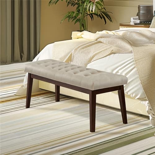 Upholstered Bedroom Bench with Linen Tufted Ottoman and Solid Wood Leg