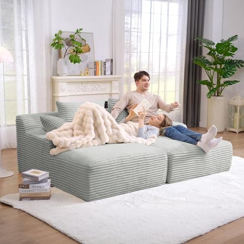 Eafurn Corduroy Upholstered Chaise Lounge Sofa with Ottoman & Cupholders