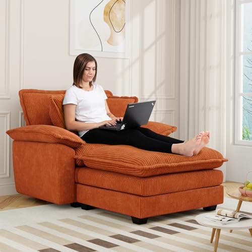 Comfy Grey Corduroy Chaise Lounge Chair with Ottoman