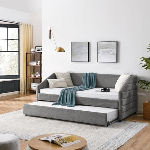 JEEOHEY Twin Size Daybed with Trundle, Modern Upholstered Linen Sofa Bed, Solid Wood Frame, Grey
