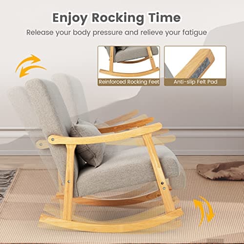 Giantex Modern Rocking Chair - Rubber Wood Frame, Comfy Seat & Backrest, Grey