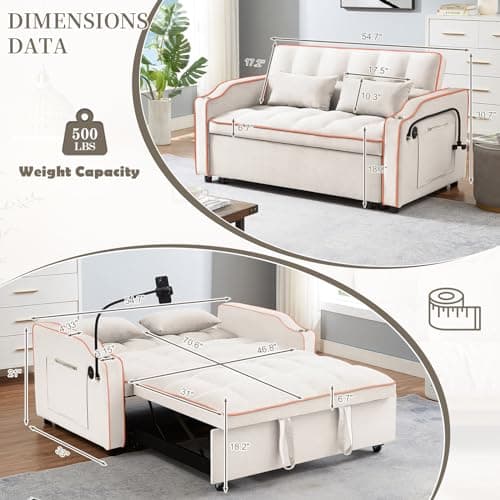 Convertible Sleeper Sofa Bed with USB&Type C Port for Small Spaces