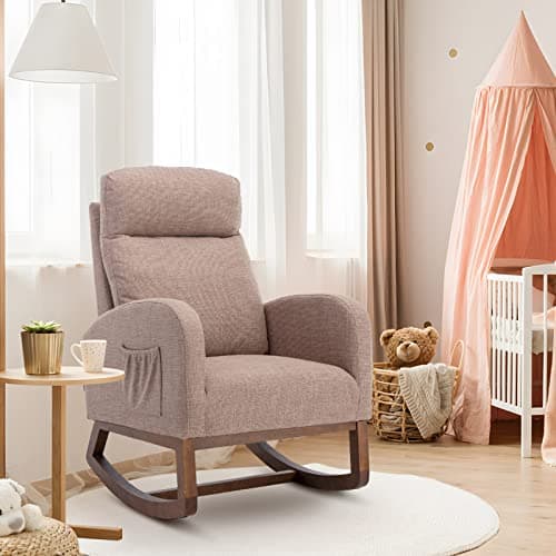 Modern Nursery Rocking Chair with Solid Wood Legs and Side Pockets